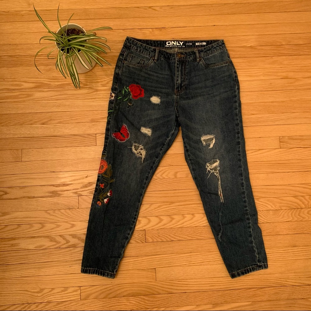 Floral and Butterfly Embroidered Jeans by Only